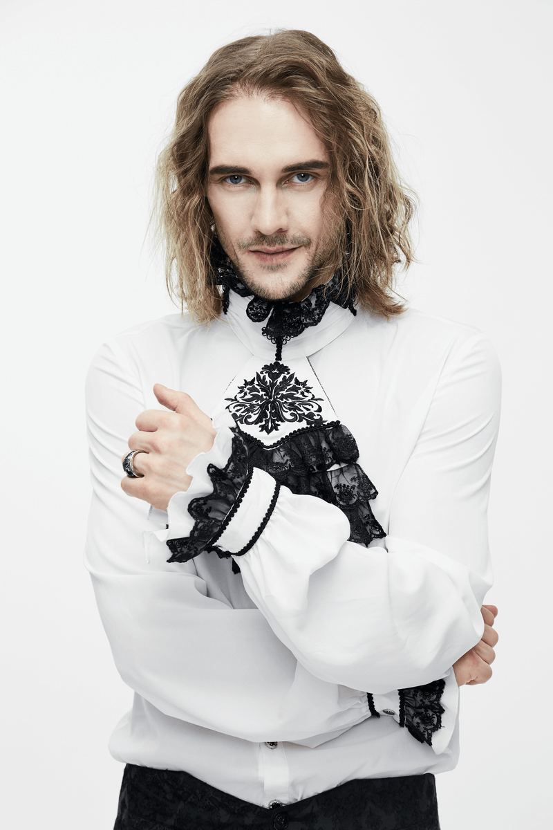 Stylish men's gothic shirt with black lace and chiffon details, perfect for vintage fashion lovers.