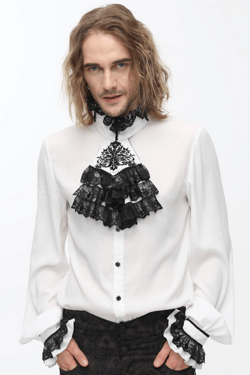 Elegant white vintage men's gothic shirt with black chiffon details and long sleeves.