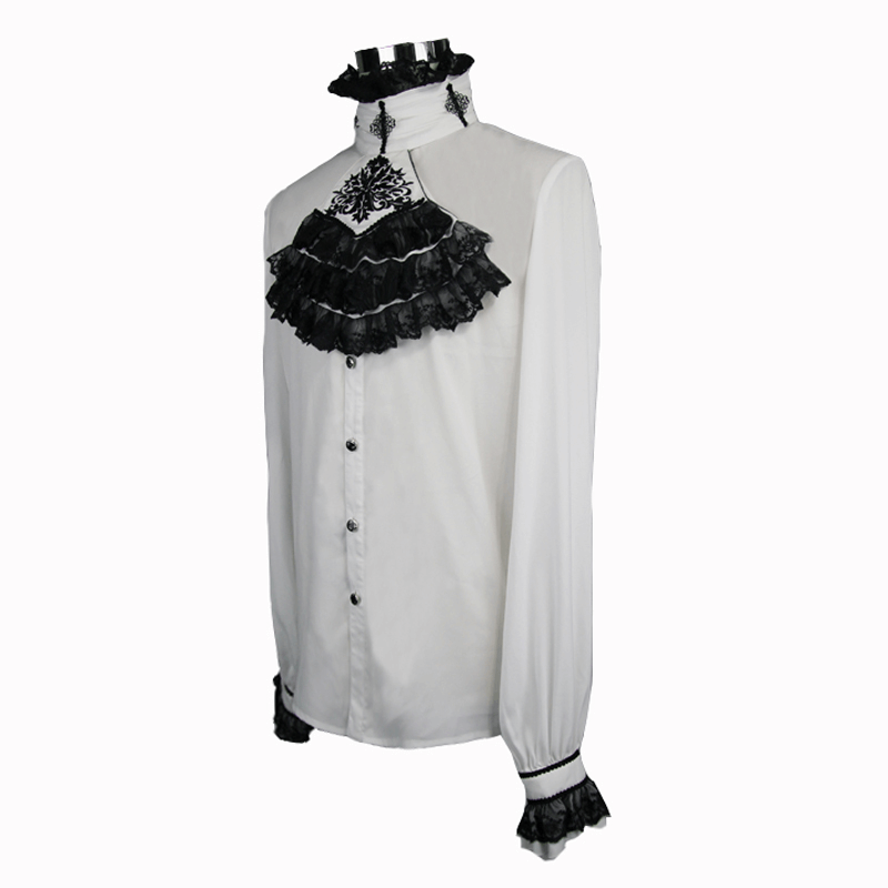 Elegant white vintage gothic shirt with black chiffon ruffles and stand-collar, perfect for a unique wardrobe.