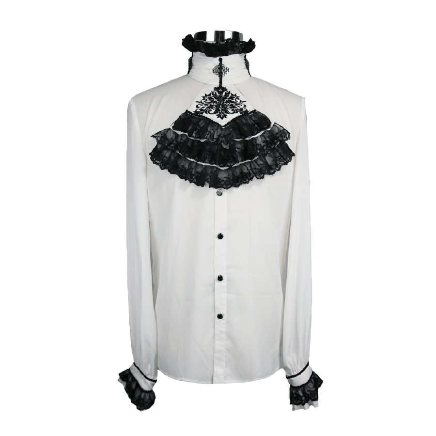 Elegant white vintage gothic shirt with black ruffles and chiffon details, perfect for a unique style.