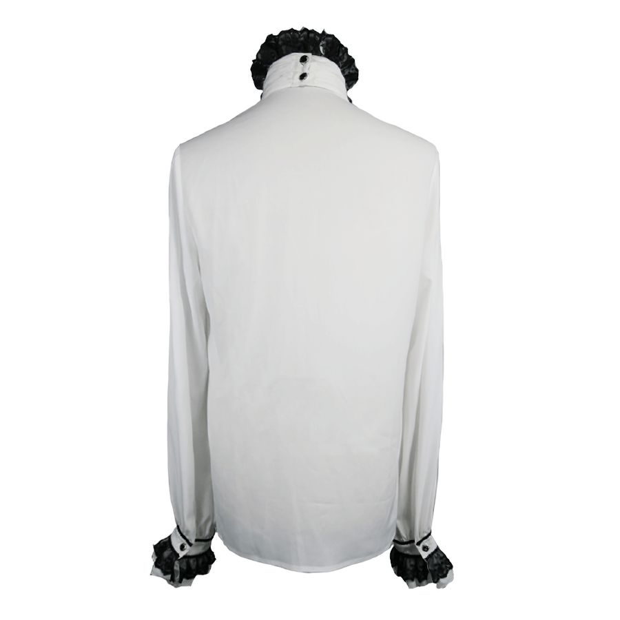 Back view of elegant men's gothic white shirt with black chiffon accents and long sleeves.