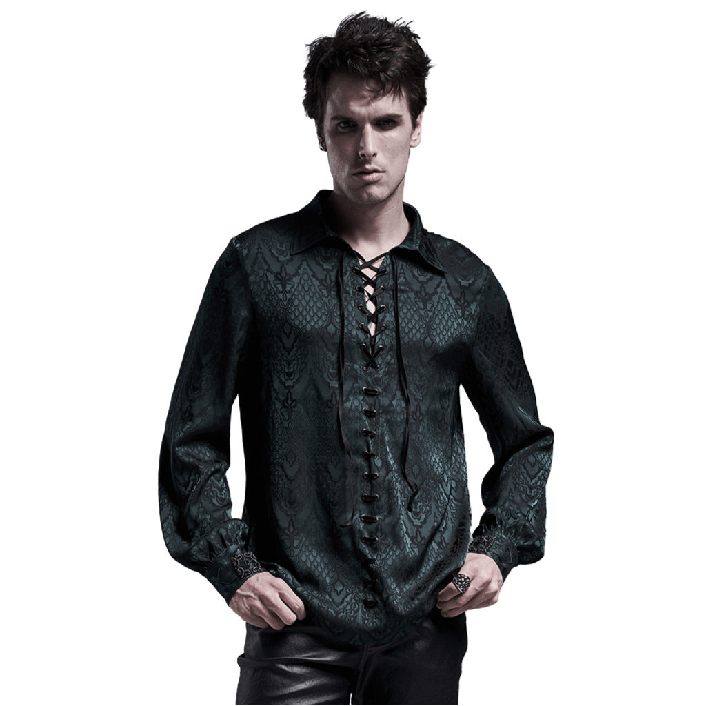 Elegant men's vintage lace-up jacquard shirt in dark green, showcasing a gothic design and timeless style.
