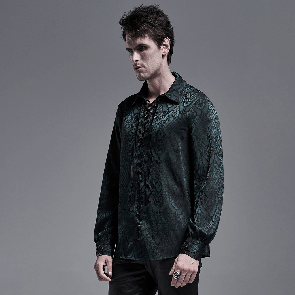 Elegant men's vintage lace-up jacquard shirt in dark green with gothic design, showcasing timeless fashion style.