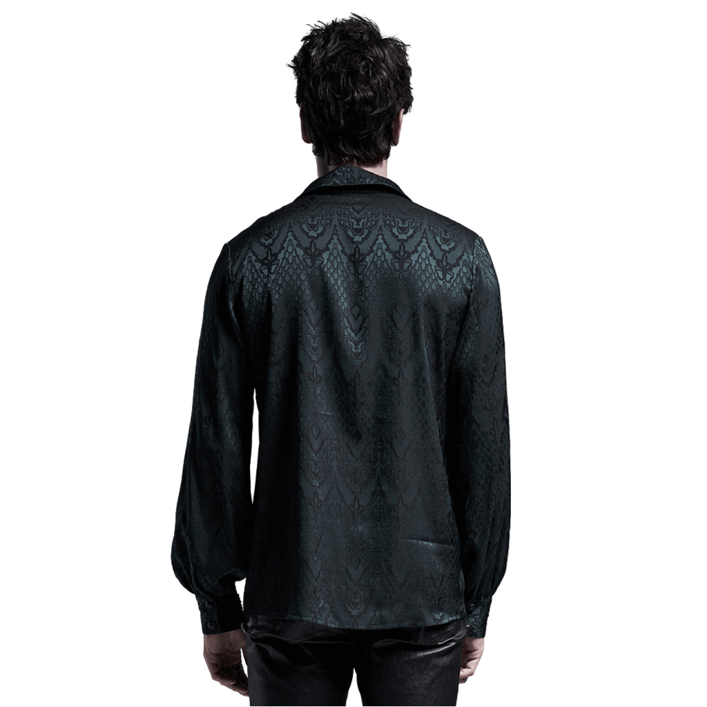 Back view of an elegant men's vintage lace-up jacquard shirt showcasing intricate gothic design.