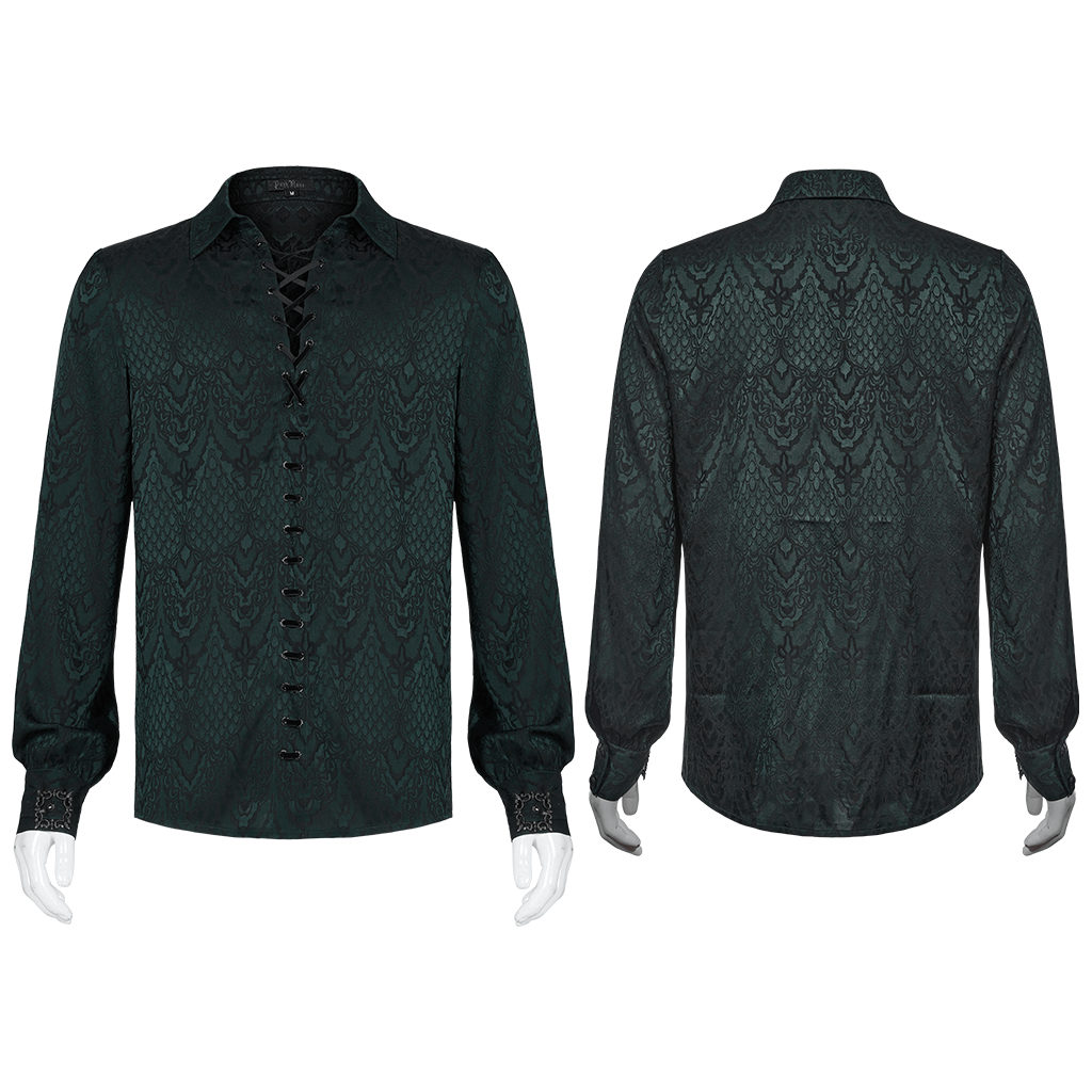 Elegant men's vintage lace-up jacquard shirt in dark green, showcasing intricate gothic design and classic style.