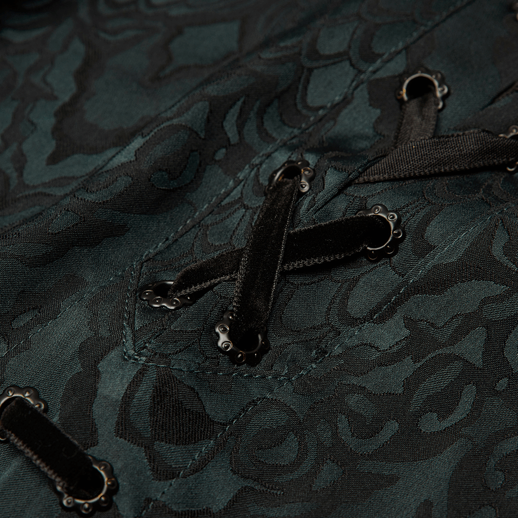 Close-up of an elegant vintage men's lace-up jacquard shirt in rich dark green fabric with intricate designs.