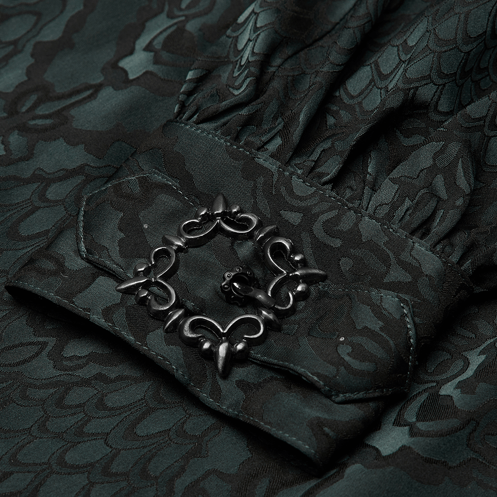 Close-up of the elegant lace-up cuff detail on a Men's Vintage Jacquard Shirt featuring intricate gothic design.