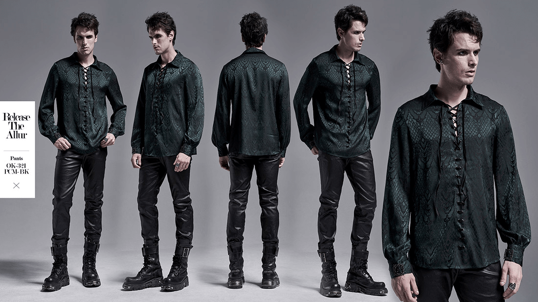 Elegant men's vintage lace-up jacquard shirt in dark green, showcasing gothic style and intricate design.