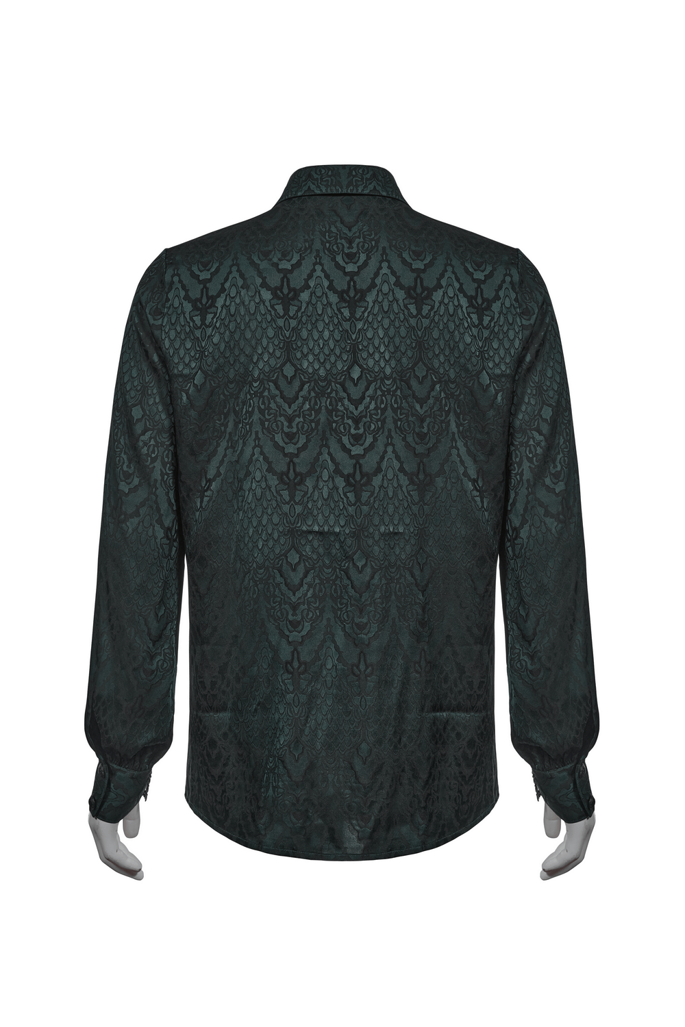 Back view of an elegant men's vintage lace-up jacquard shirt in dark green, featuring intricate gothic patterns.