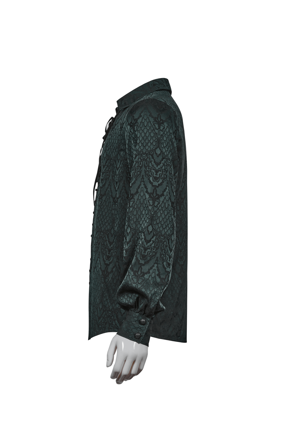 Elegant men's vintage lace-up jacquard shirt in dark green, showcasing classic gothic style and intricate design.