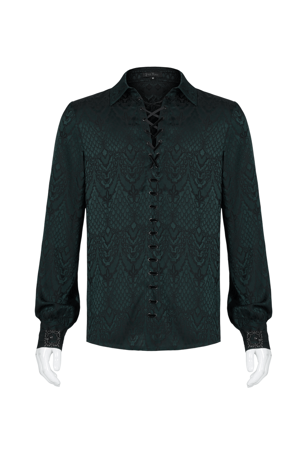 Elegant Men's vintage lace-up jacquard shirt in dark green with intricate Gothic design and stylish button closure.