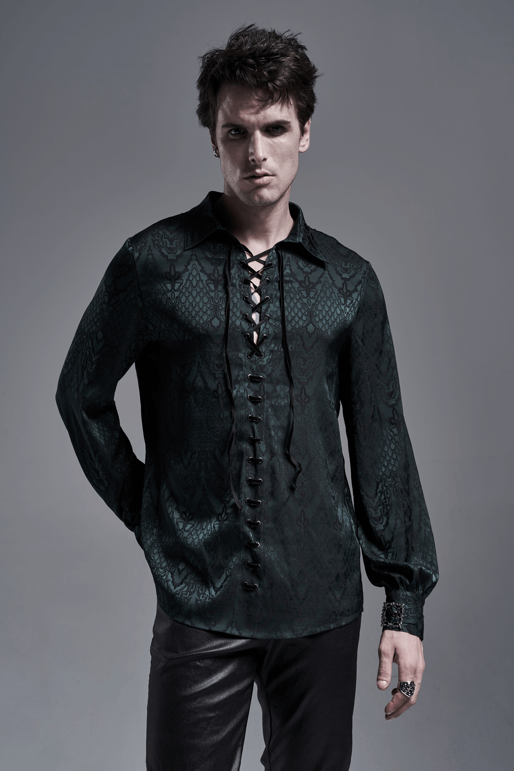 Elegant men's vintage lace-up jacquard shirt in dark green, featuring gothic design and breathable fabric.
