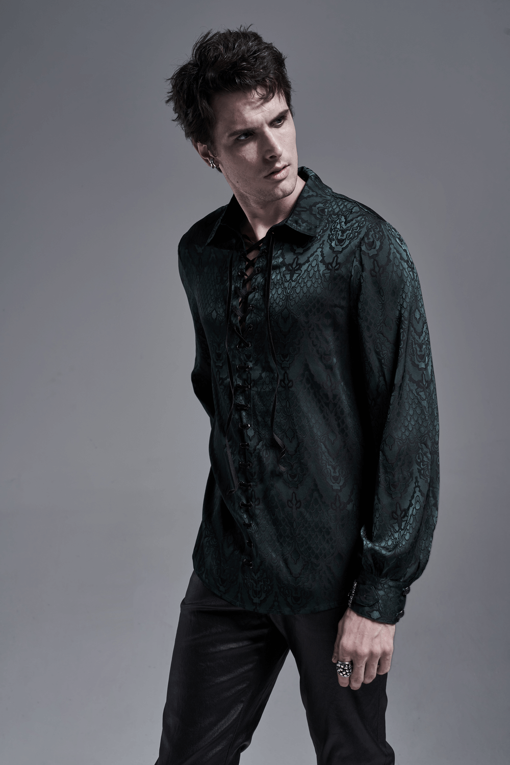 Elegant men's vintage lace-up jacquard shirt in dark green, showcasing intricate Gothic design and timeless style.