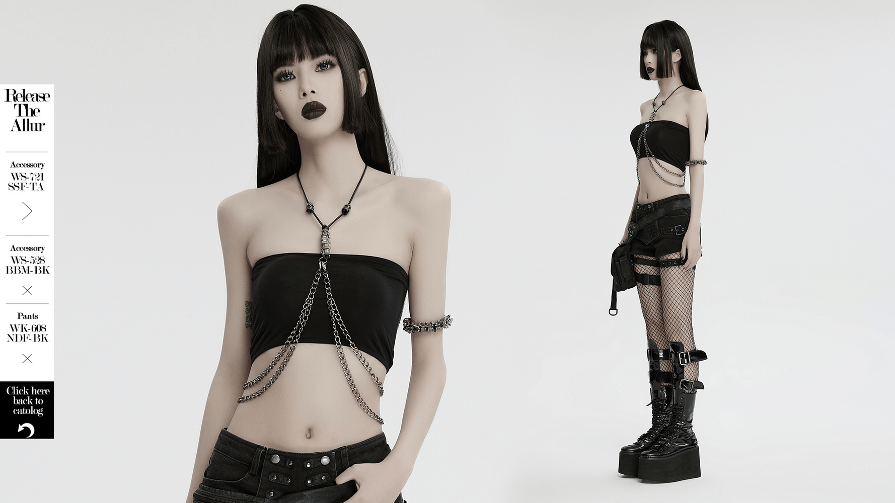 Chic model wearing an elegant multi-chain body harness with black top and edgy pants, showcasing trendy layered fashion style.