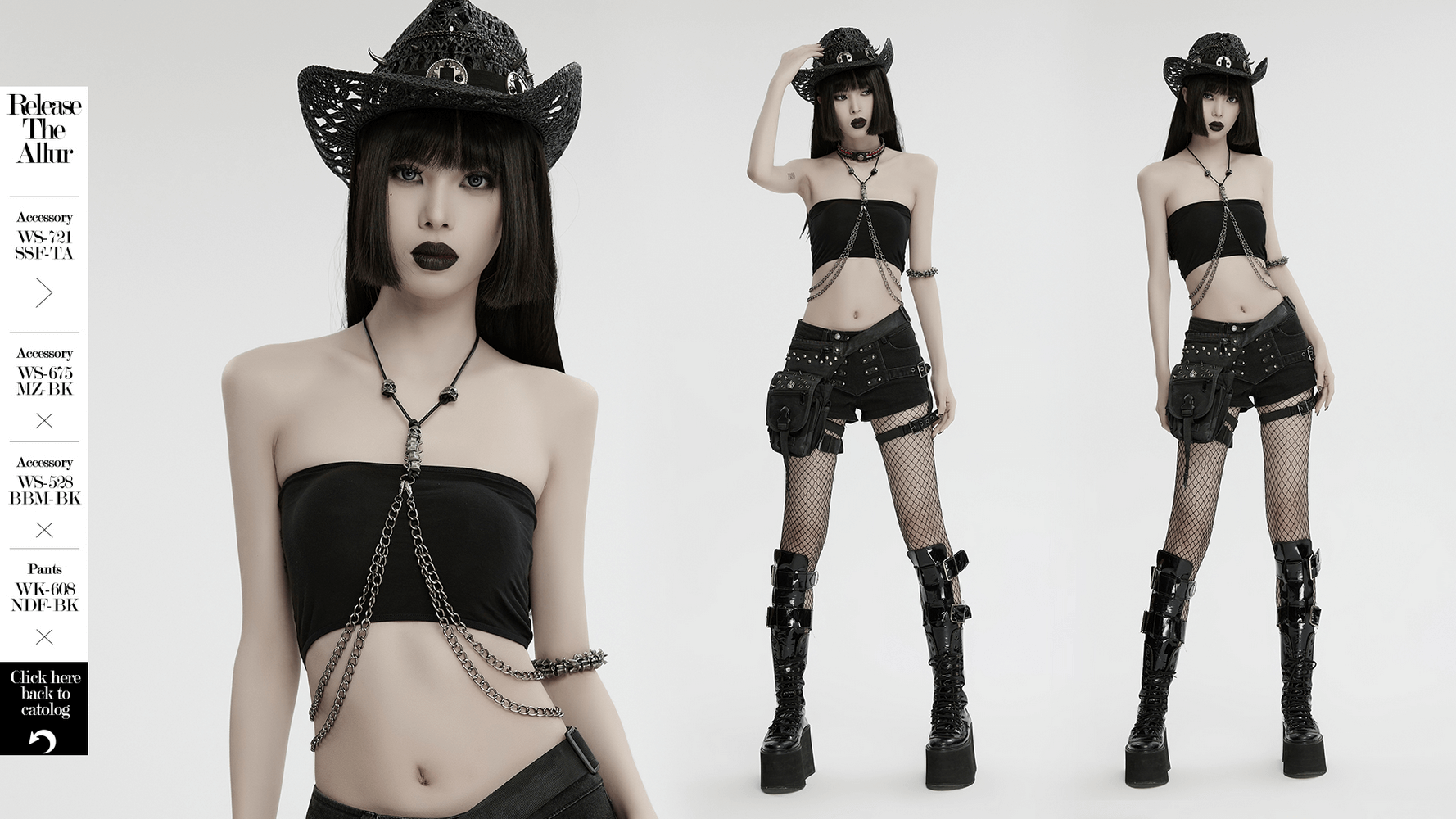 Chic model showcasing an elegant multi-chain body harness layered over a stylish black outfit with edgy accessories.