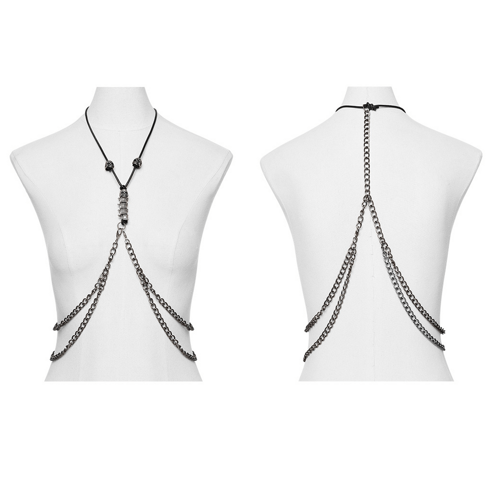 Elegant multi-chain body harness displayed on a mannequin, showcasing chic layered design and intricate chain details.