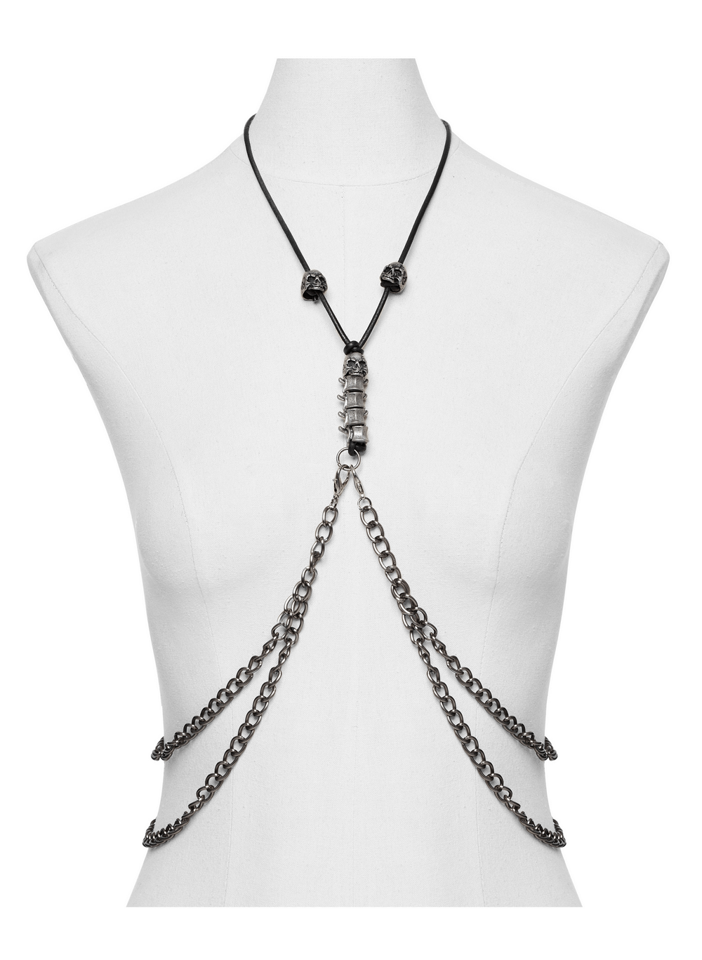 Elegant multi-chain body harness on mannequin showcasing chic layered style for trendy outfits.