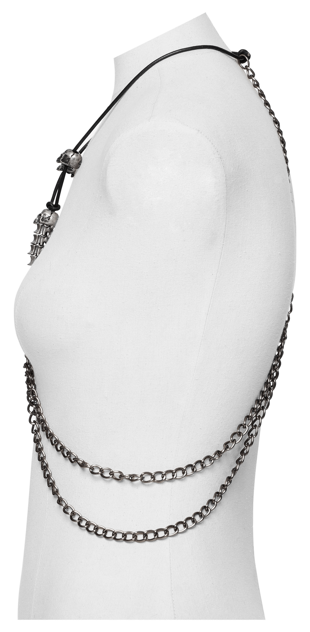 Chic multi-chain body harness showcasing layered chains for a bold and stylish look, perfect for trendy outfits.
