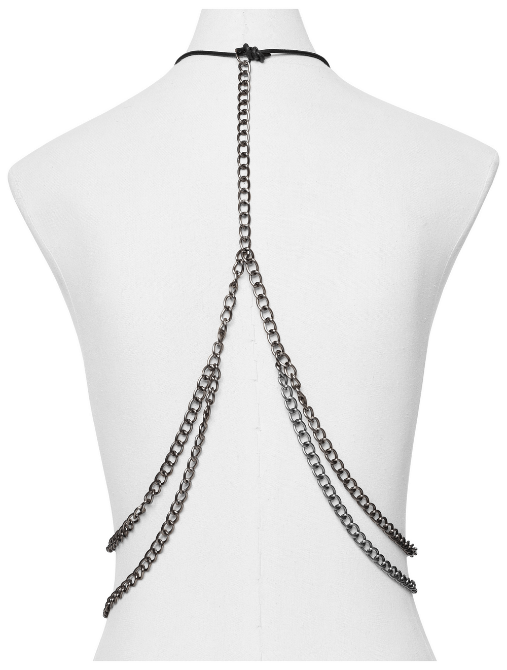 Elegant multi-chain body harness showcasing intricate chains draped over a mannequin's back for trendy outfits.
