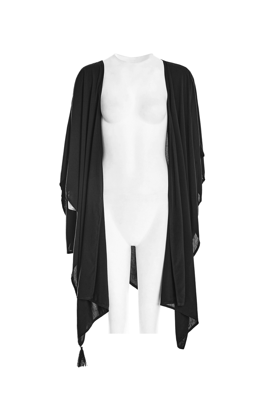 Elegant black shawl with moon phase design, draping in a flattering concave shape, featuring a whimsical tassel.