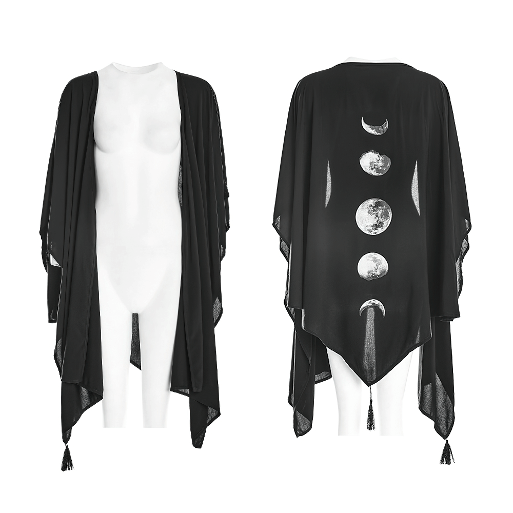 Elegant black shawl with moon phase design, featuring a concave shape and tassel pendant, perfect for day-to-night wear.