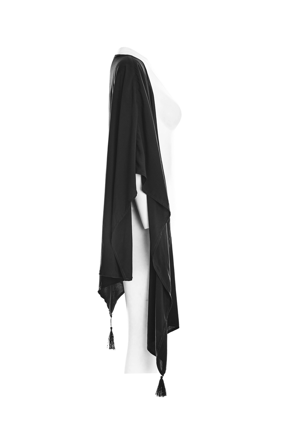 Elegant black shawl with tassels, featuring a flowy design and concave shape, perfect for day to night wear.