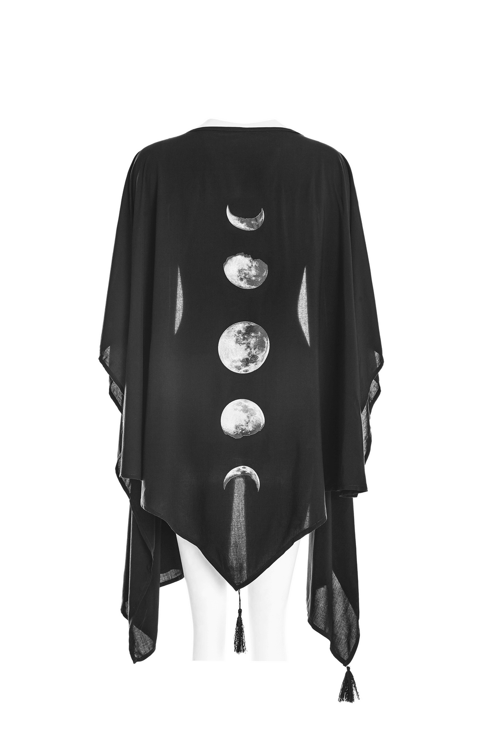 Elegant black shawl with moon phase design on back, featuring a concave shape and playful tassel pendant.