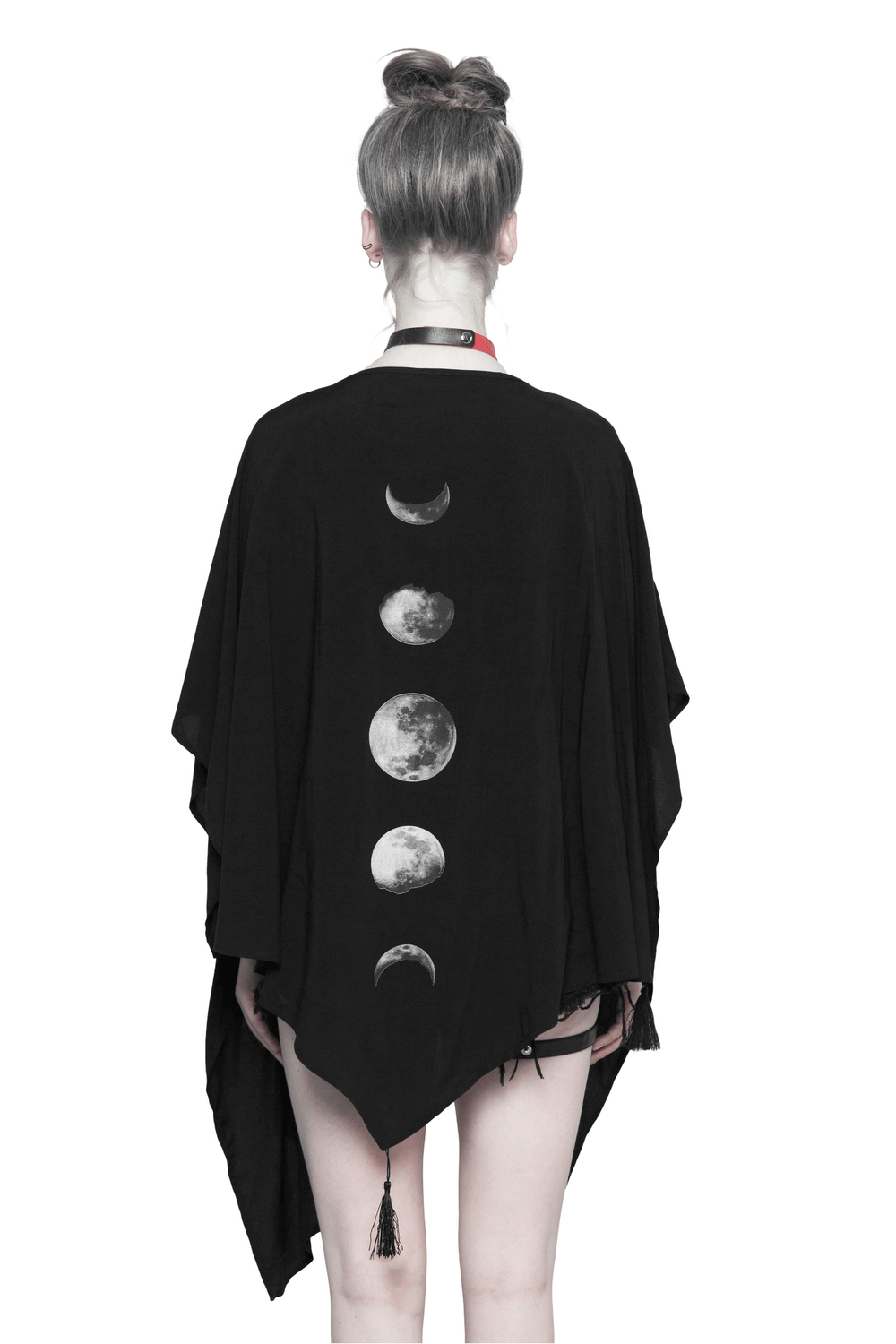 Elegant black shawl showcasing moon phases on the back, perfect for adding celestial charm to any outfit.