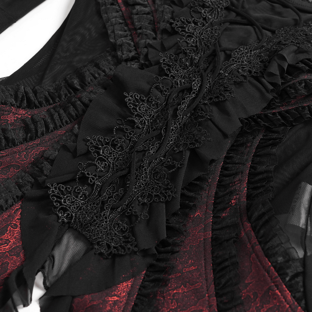 Elegant Off-Shoulder Ruffle Top with Sheer Sleeves and Lace showcasing intricate lace and ruffle detailing in black and burgundy.