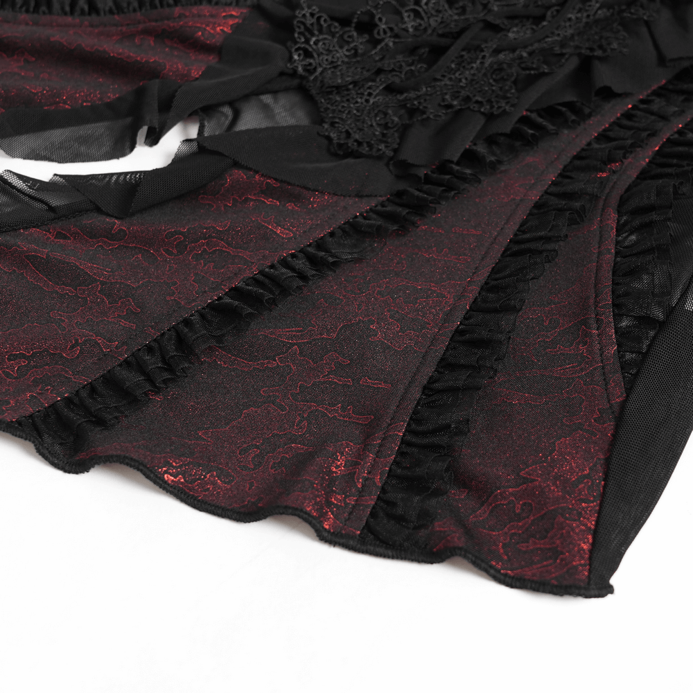 Elegant Off-Shoulder Ruffle Top with Sheer Sleeves and Lace featuring ruffled detailing and intricate lace fabric.
