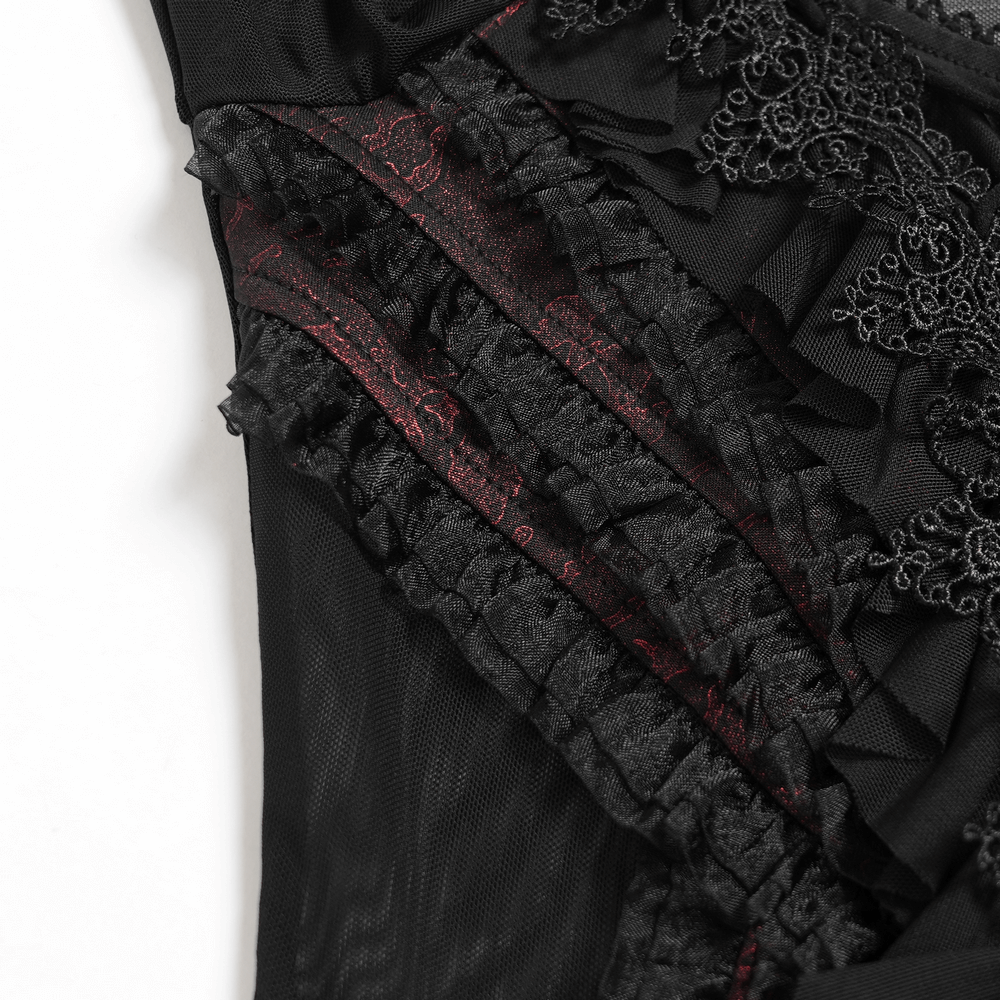 Elegant Off-Shoulder Ruffle Top with Sheer Sleeves and Lace details featuring intricate black lace and ruffled accents.