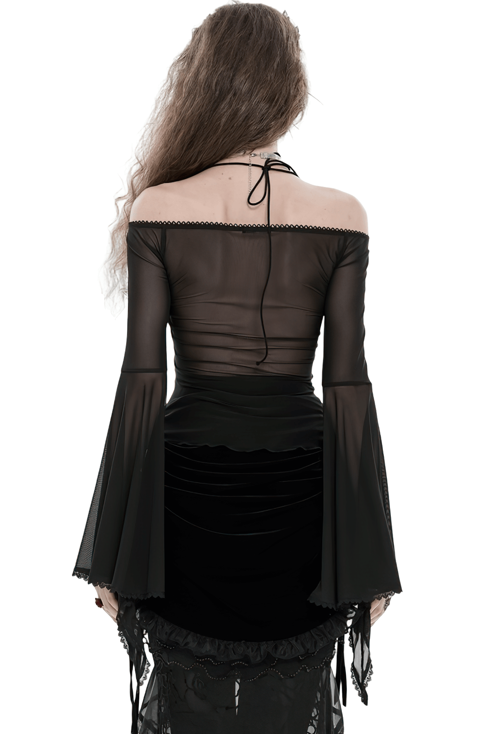 Elegant Off-Shoulder Ruffle Top with Sheer Sleeves and Lace, showcasing sheer bell sleeves and ruffled detailing.