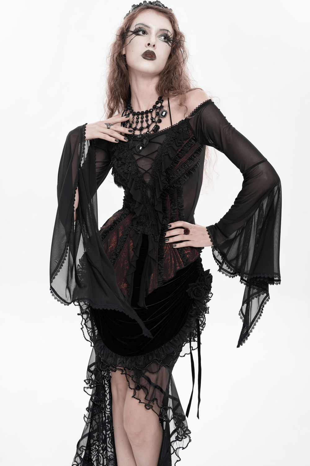 Elegant Off-Shoulder Ruffle Top with Sheer Sleeves and Lace worn by a model in gothic style photography.