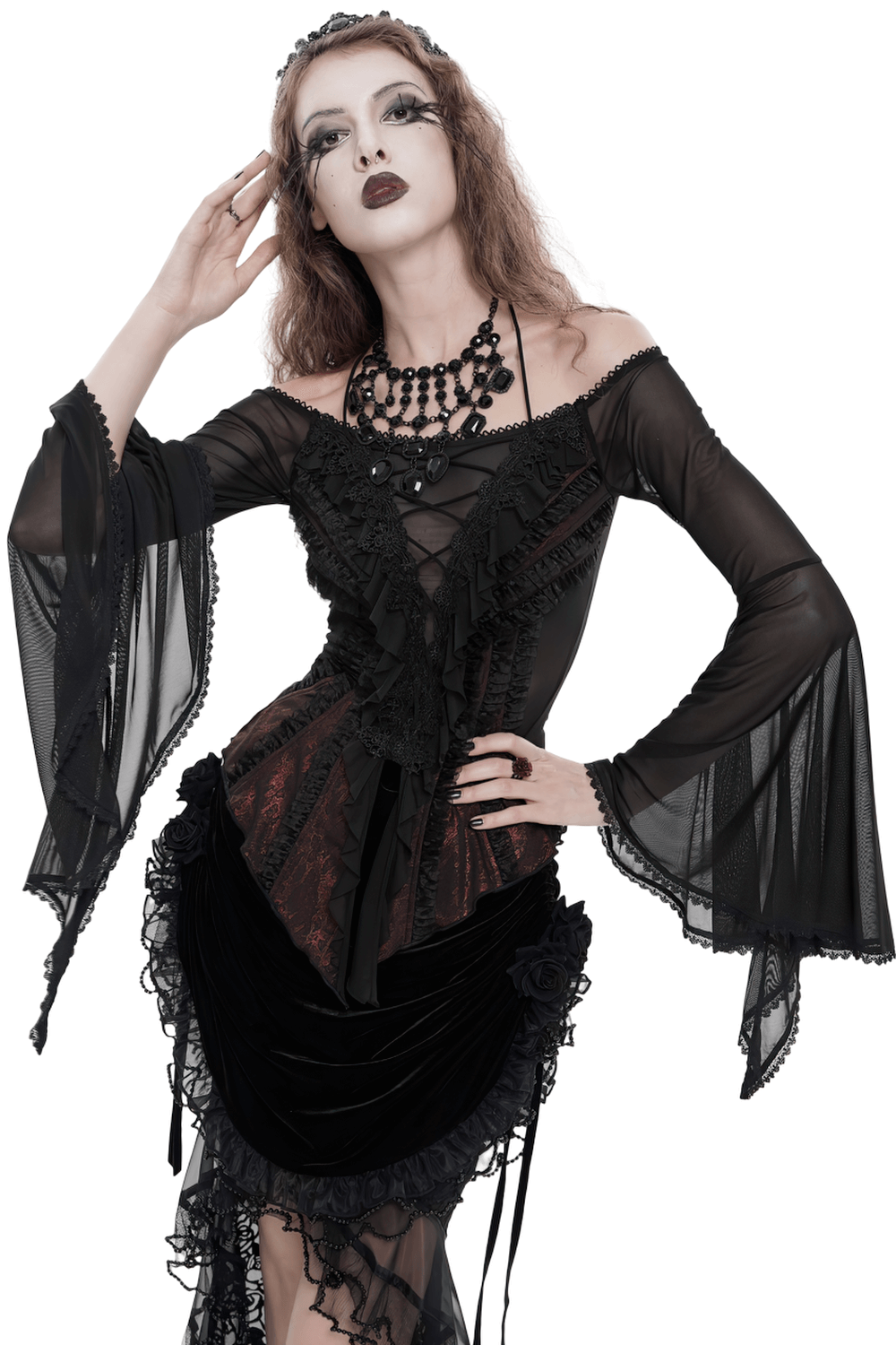 Elegant Off-Shoulder Ruffle Top with Sheer Sleeves and Lace worn by a model showcasing gothic fashion with ruffles and sheer details.