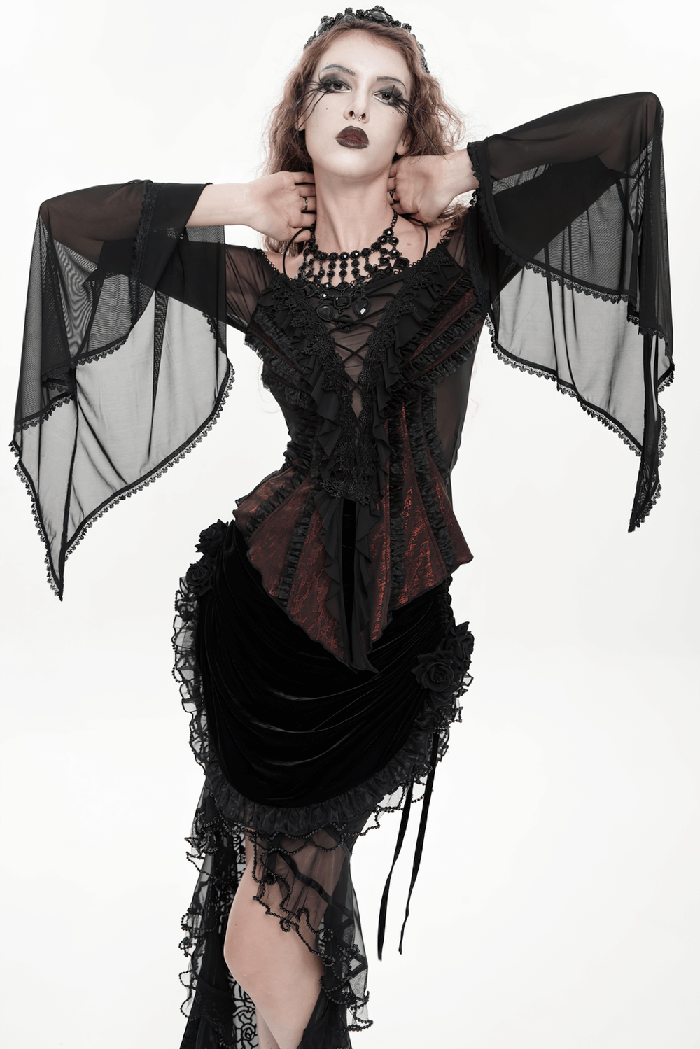 Elegant Off-Shoulder Ruffle Top with Sheer Sleeves and Lace worn by a model in a gothic style pose.