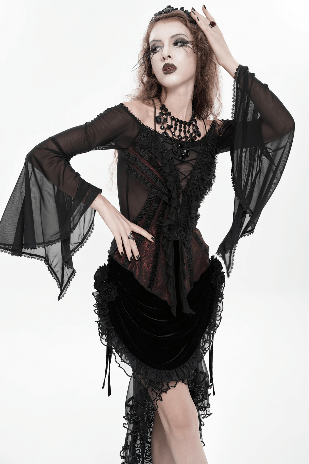 Elegant Off-Shoulder Ruffle Top with Sheer Sleeves and Lace in gothic style with sheer bell sleeves and ruffled details.