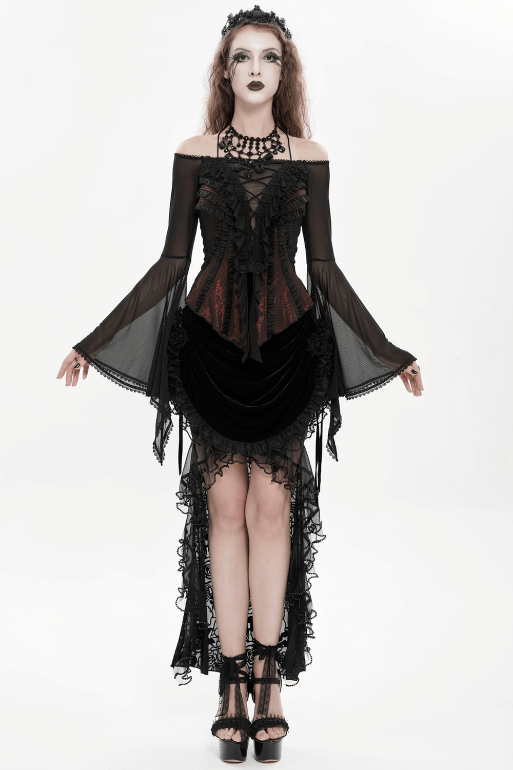 Elegant Off-Shoulder Ruffle Top with Sheer Sleeves and Lace showcasing gothic elegance with sheer sleeves and intricate lace detailing.