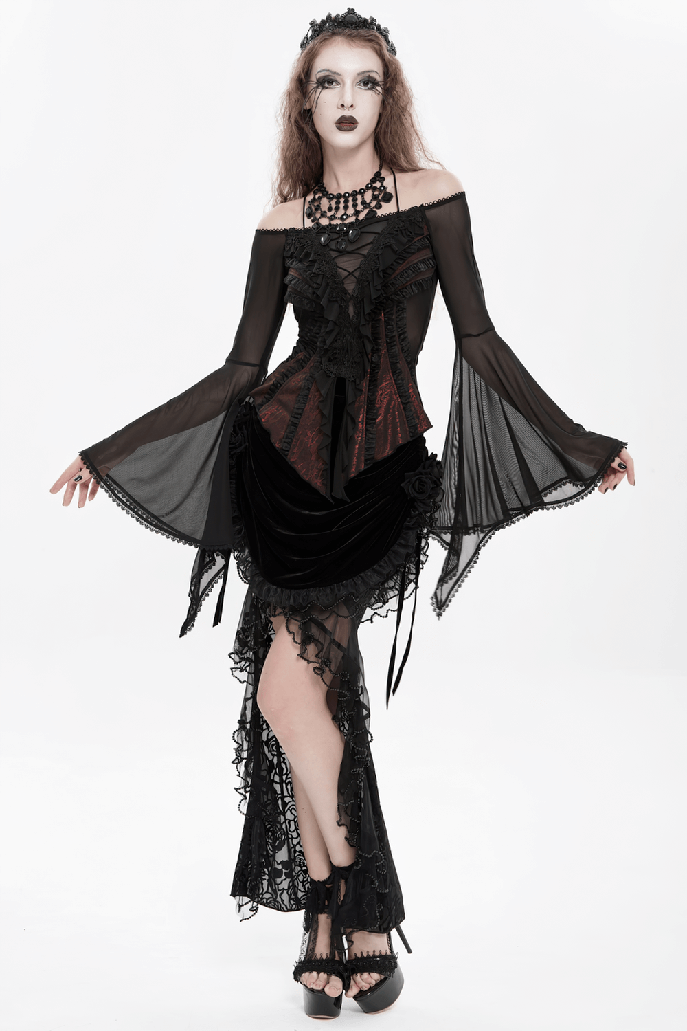 Elegant Off-Shoulder Ruffle Top with Sheer Sleeves and Lace worn by a model, showcasing gothic style and ruffled detailing.