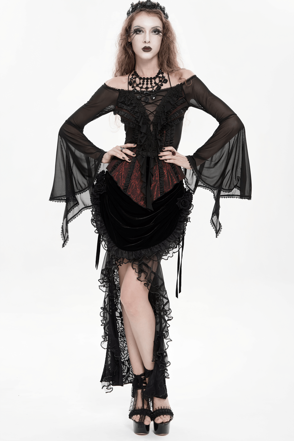 Elegant Off-Shoulder Ruffle Top with Sheer Sleeves and Lace worn by model, showcasing gothic styling and intricate lace details.