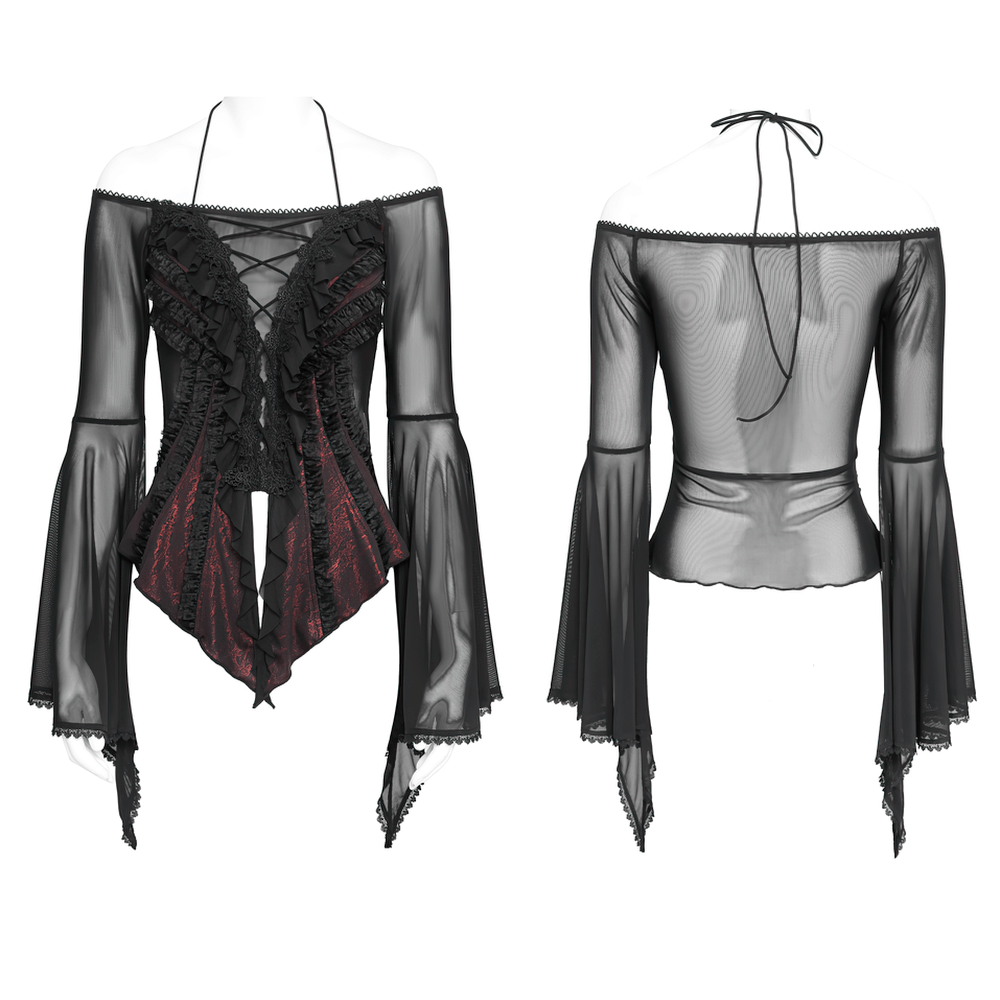 Elegant Off-Shoulder Ruffle Top with Sheer Sleeves and Lace showcased from front and back in black with ruffled detail.