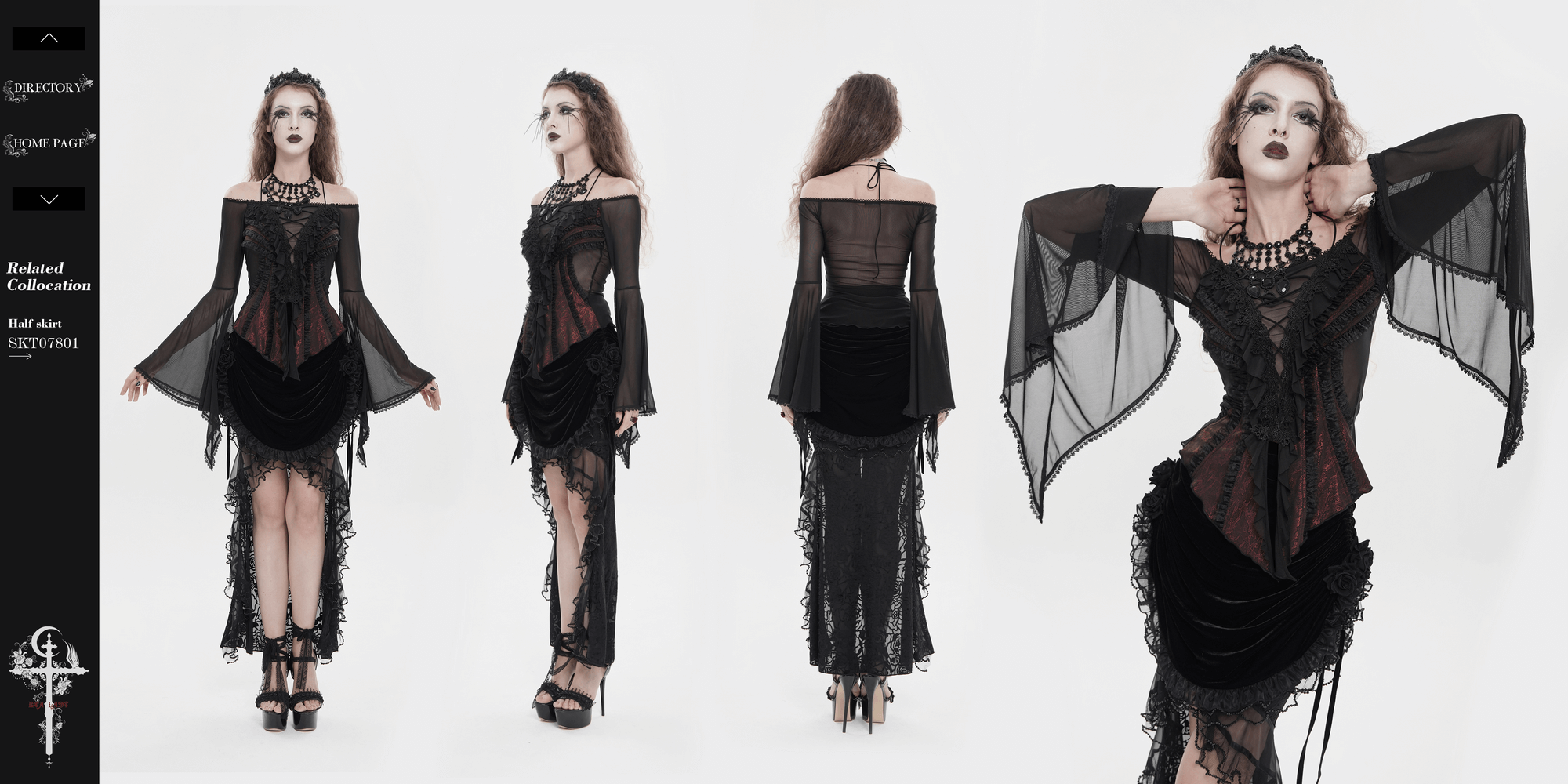 Elegant Off-Shoulder Ruffle Top with Sheer Sleeves and Lace on model showcasing gothic style and intricate lace detailing.