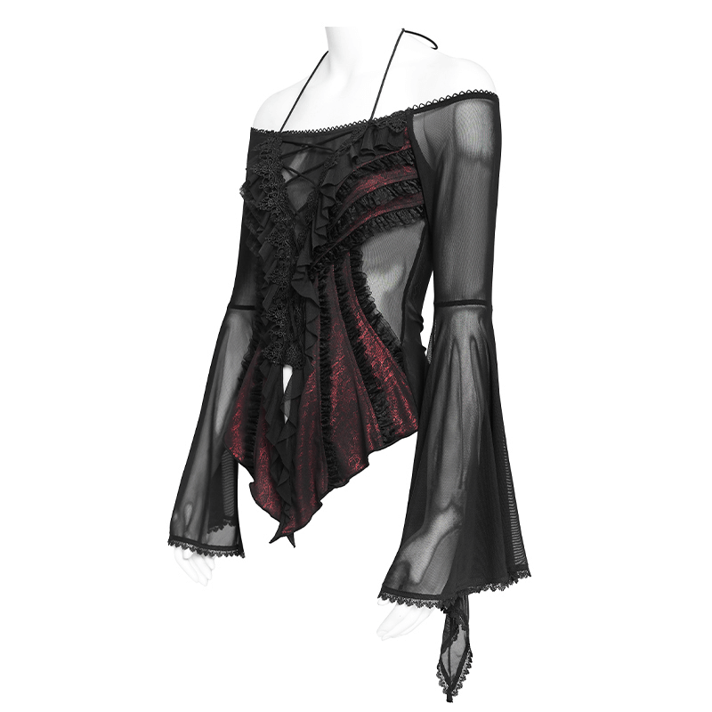 Elegant Off-Shoulder Ruffle Top with Sheer Sleeves and Lace featuring sheer bell sleeves and gothic lace ruffles.