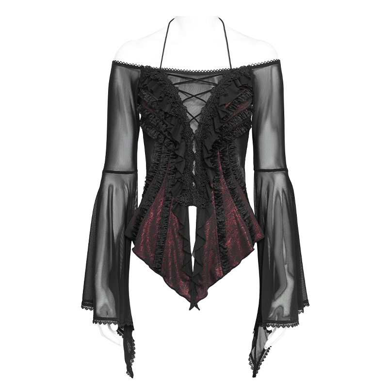 Elegant Off-Shoulder Ruffle Top with Sheer Sleeves and Lace featuring ruffled details and gothic style.