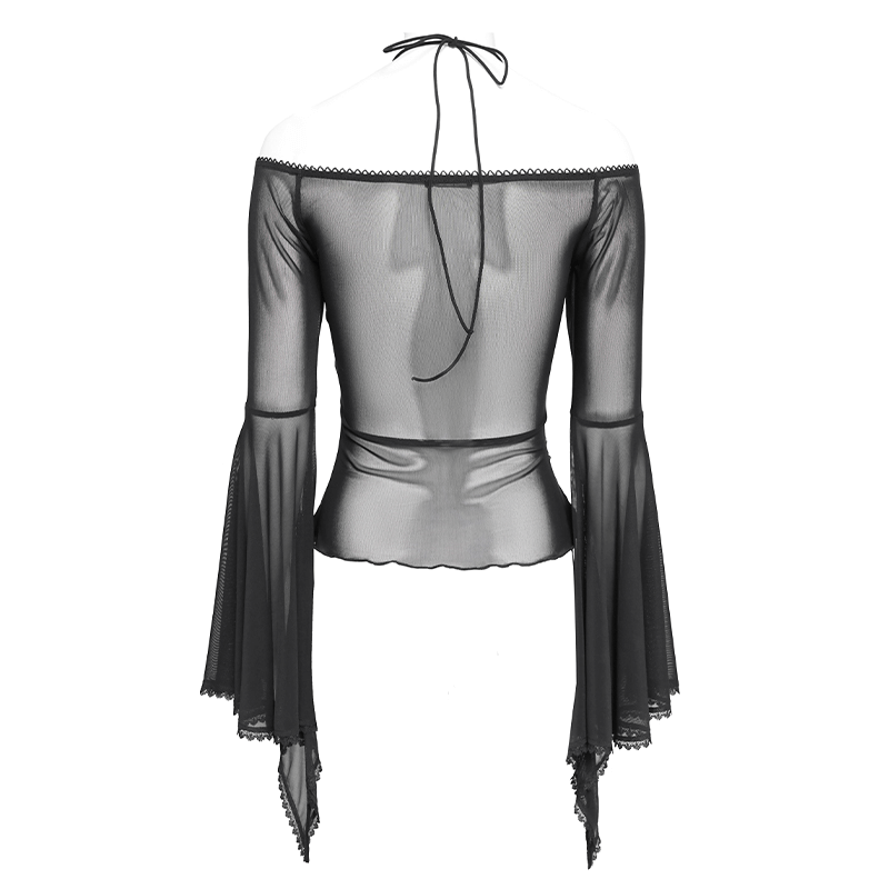 Elegant Off-Shoulder Ruffle Top with Sheer Sleeves and Lace, showcasing sheer bell sleeves and ruffled detailing from the back.