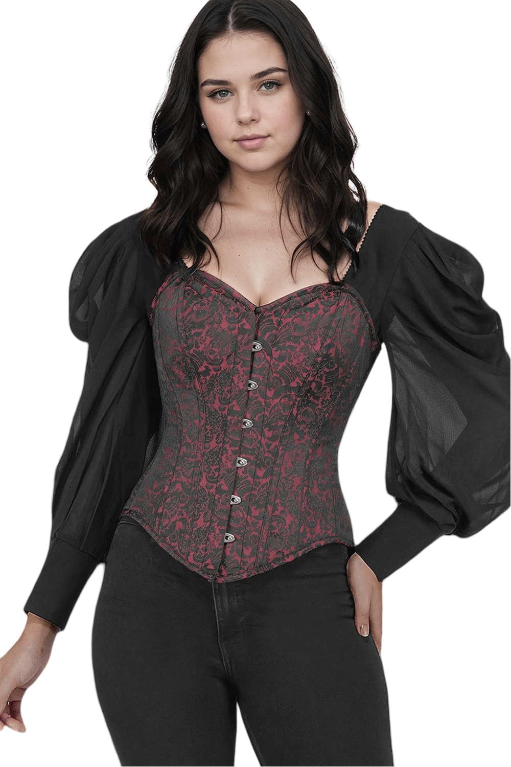 Elegant overbust corset top with lace detailing and puff sleeves, perfect for chic gothic fashion.