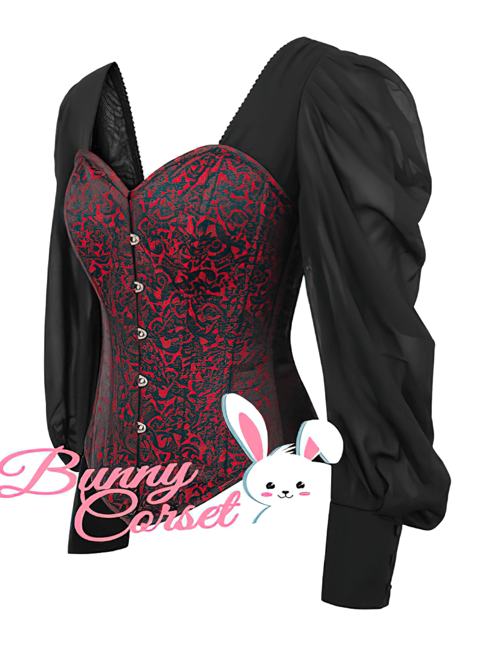 Elegant overbust corset top with puff sleeves and intricate brocade detailing in red and black.