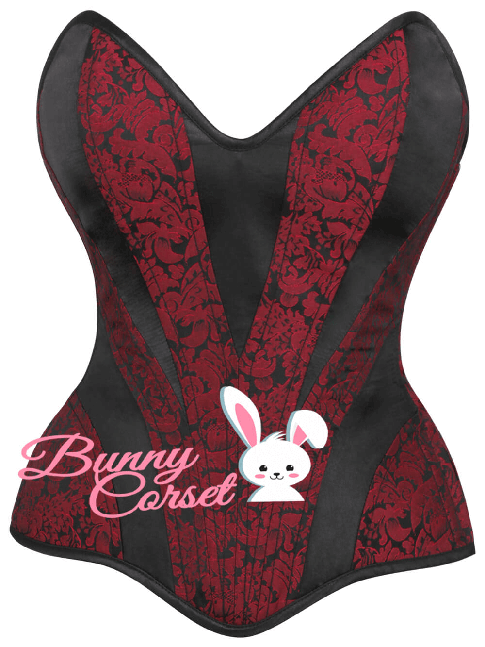 Elegant overbust corset in black and red brocade with satin design, featuring flattering steel bones and gothic elegance.