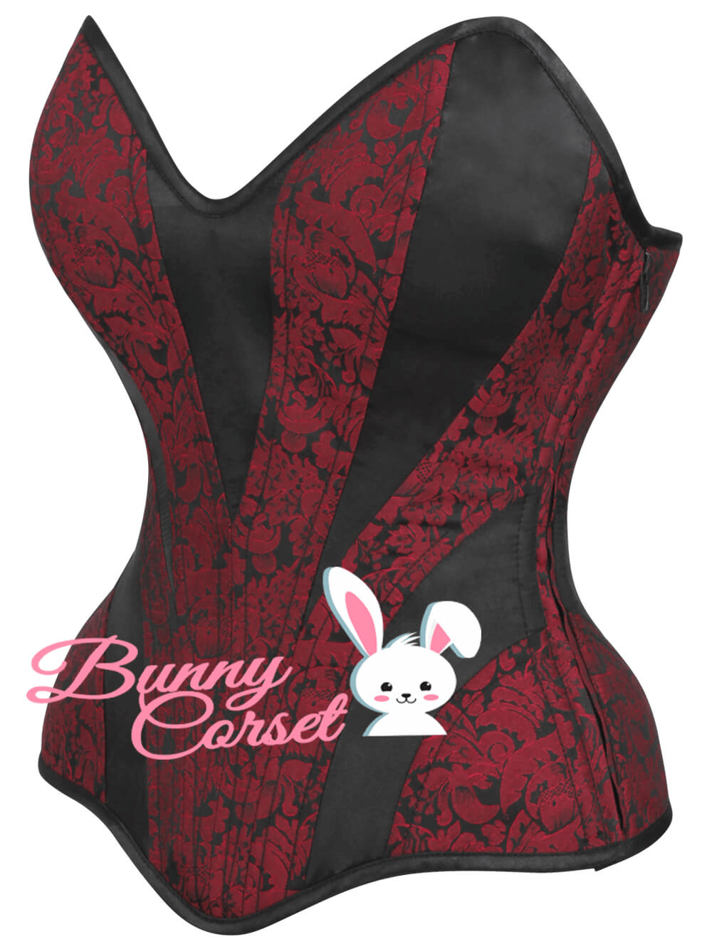 Elegant overbust corset in brocade and satin with black and red floral design.