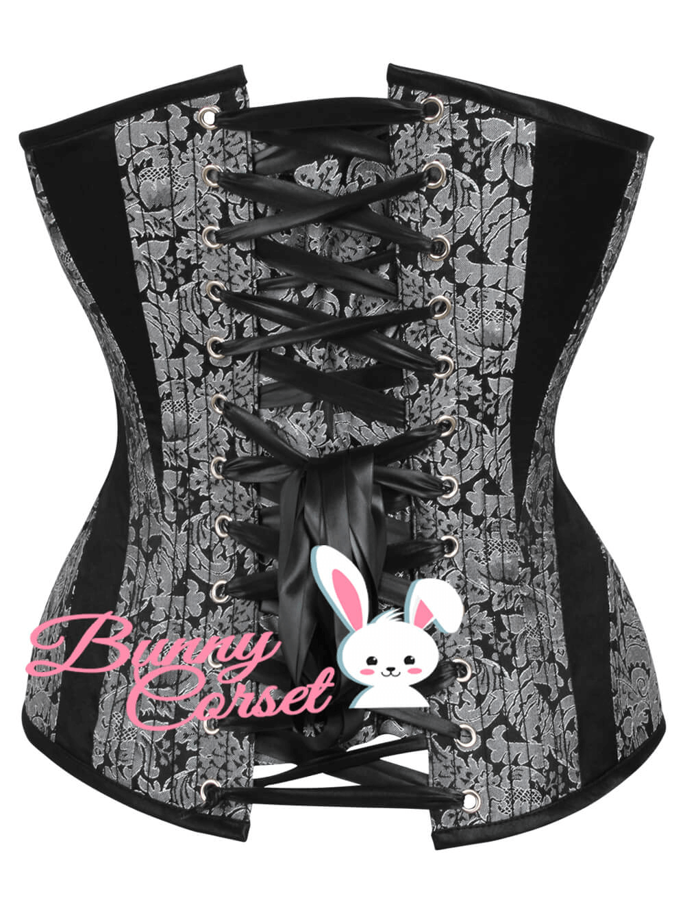 Elegant overbust corset in brocade with satin, featuring back lacing and striking bunny logo.