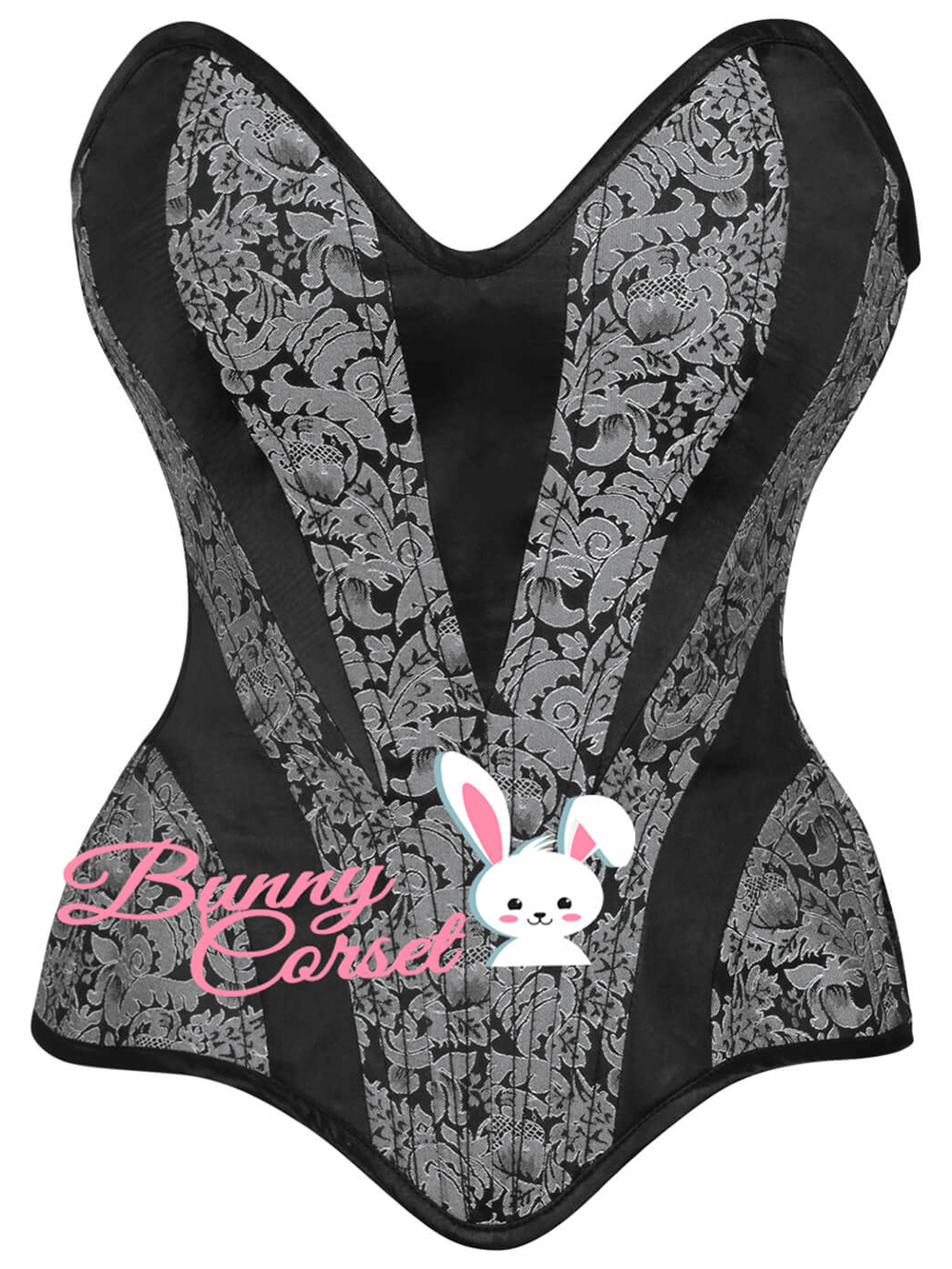 Elegant overbust corset in brocade and satin design, featuring intricate patterns and a flattering silhouette.